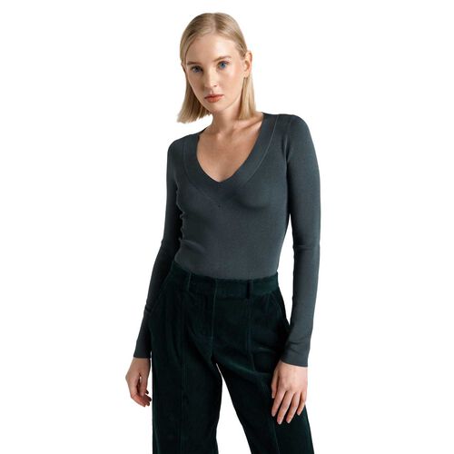 Cue Shiny V-Neck Long Sleeve Knit